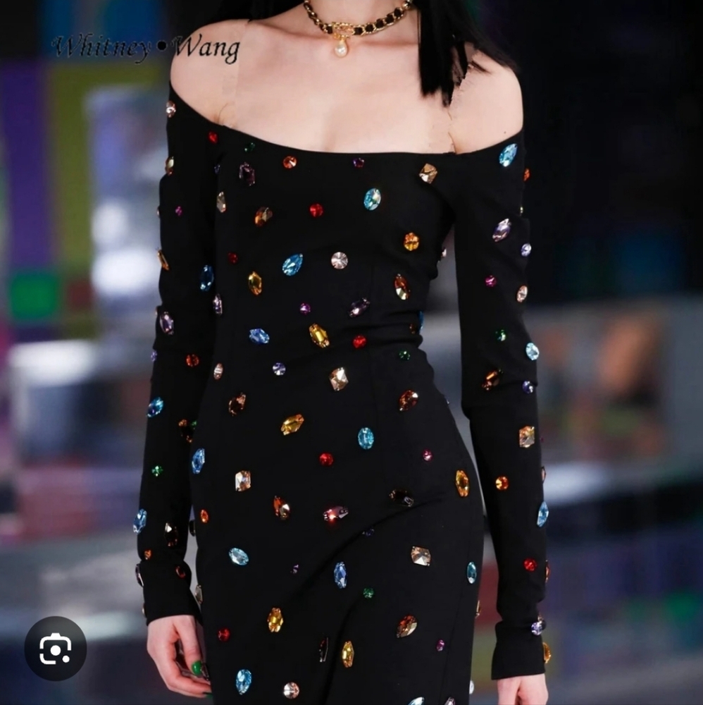 Chic Black Long Sleeve Dress with Multicolor Details Brand New Velvet - Picture 3 of 8
